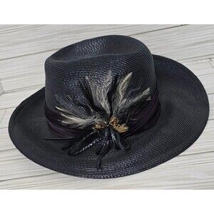 Vintage USA SYLVIA st louis 6-7/8 Blue STRAW panama hat, feathers